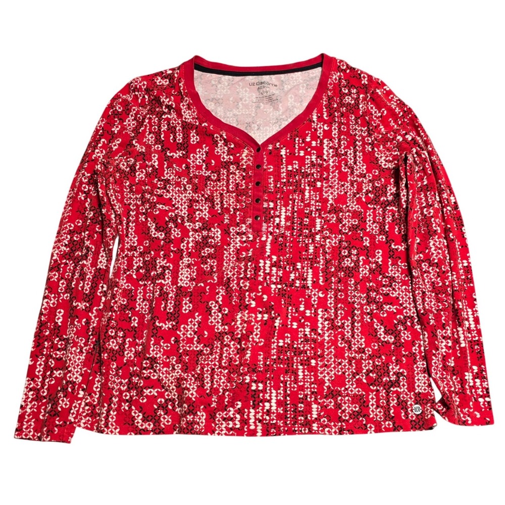 Liz Claiborne Active‎ Geometric Henley Long Sleeve Tee Women's Size L Red
